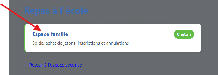 Carte Espace famille avec le solde de jetons