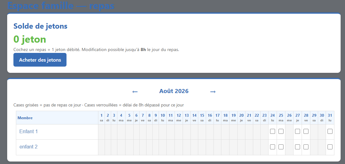 Vue de l'espace famille avec le solde et le calendrier